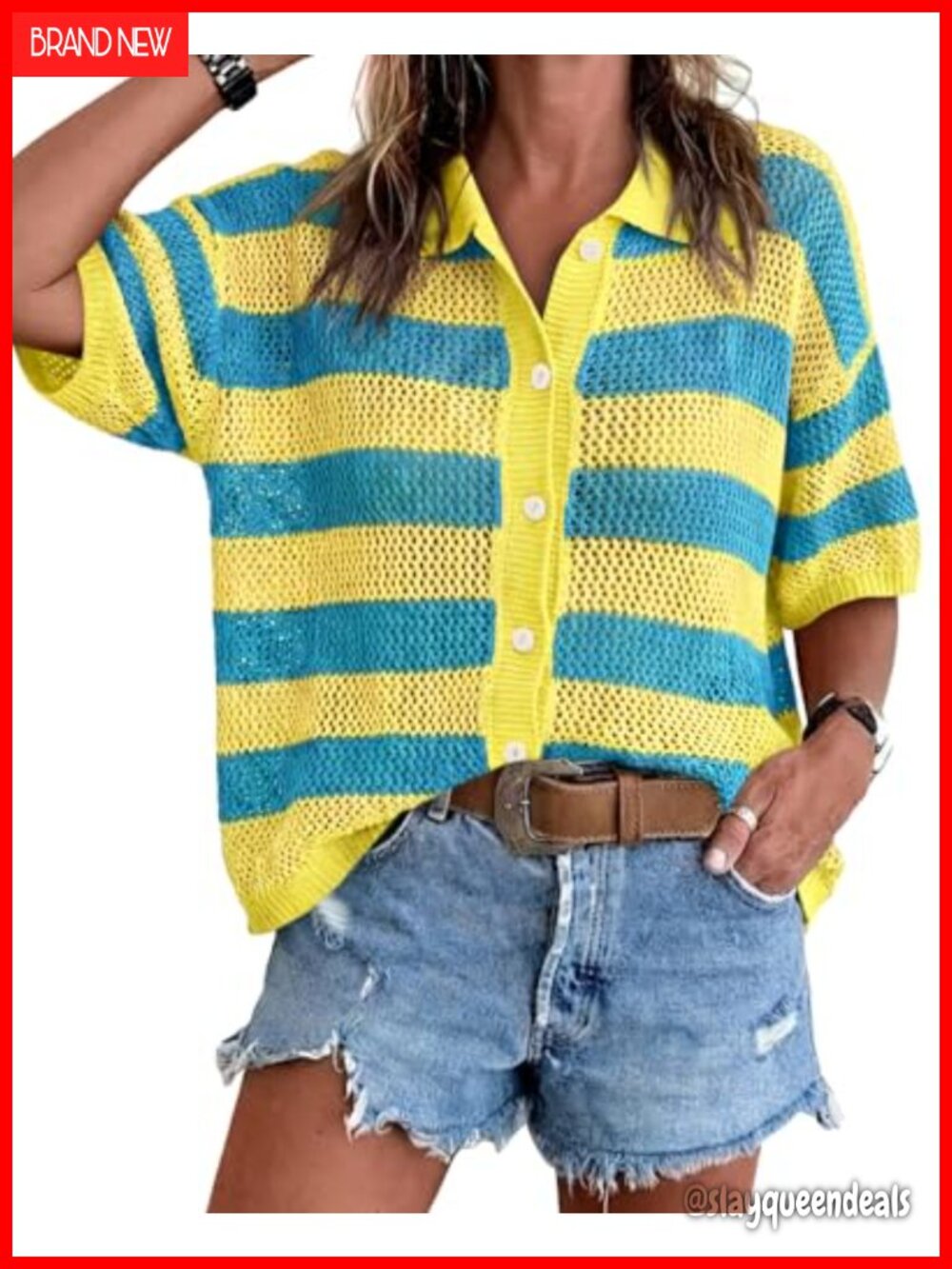 Womens Striped Crochet Cardigan Button Up Batwing Short Sleeve Lightweight Knit
